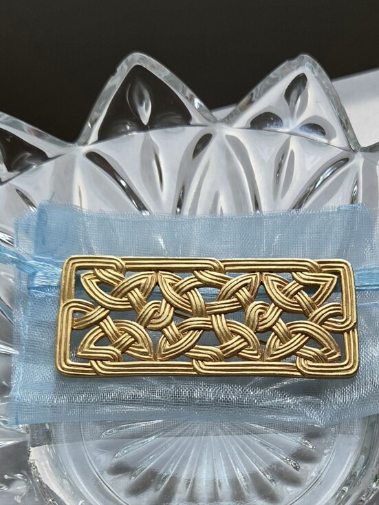 JJ Jonette Accessories - Vintage JJ 1988, Signed Gold Tone Rectangular Celtic Knot Brooch Pin